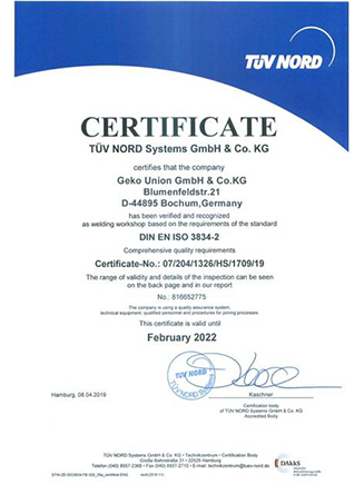 Geko Valves DIN EN ISO 3834-2(EN729-2)