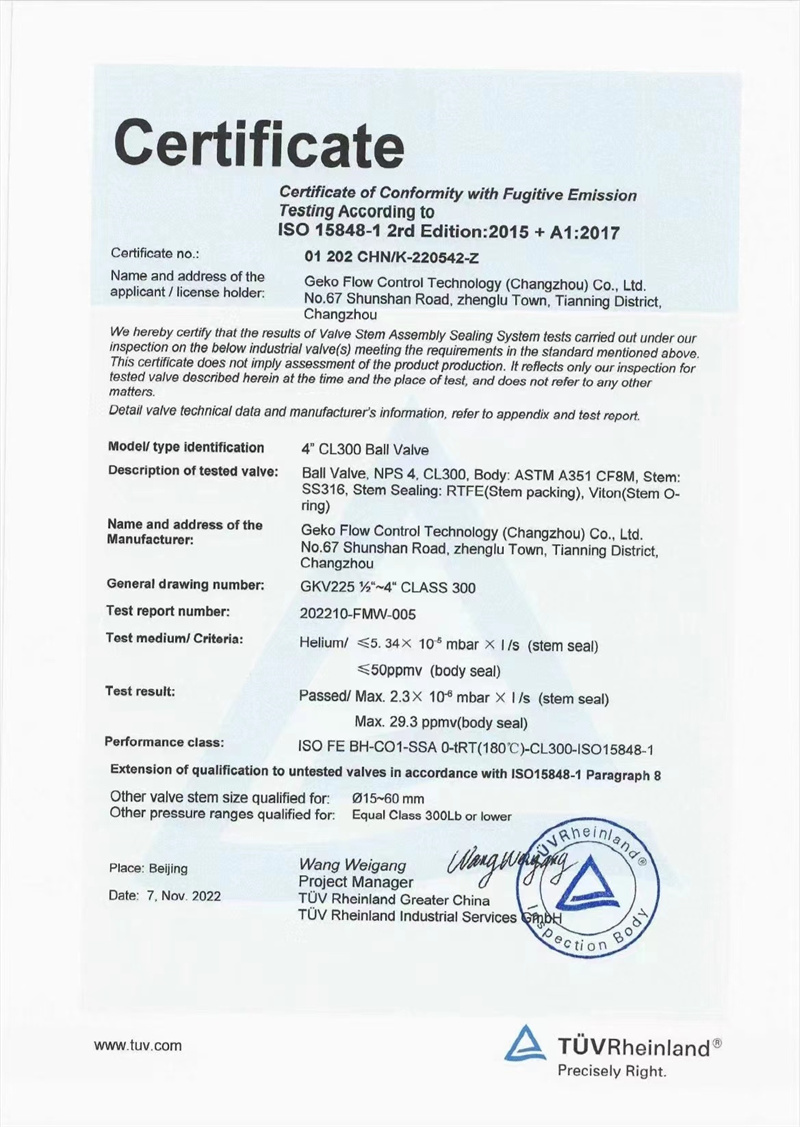 Geko Valves & Controls China factory obtained TÜV ISO15848 low emission certificate for Ball Valves Geko