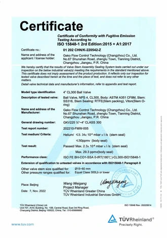 GEKO Ball Valve Tuv ISO 15848-1 certificate for Fire resistance and leakage rate