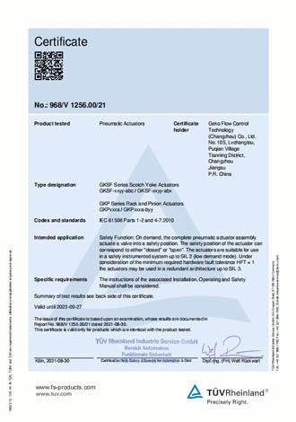 Pneumatic Actuators with TUV sil3 Certificate GEKO